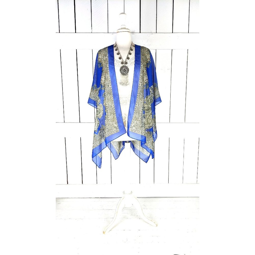 Blue and beige paisley sheer kimono cover up